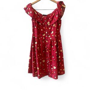 Shyanne Floral A-line Dress Sz M On or Off Shoulder Red Button Down Country
